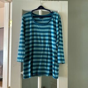 LL Bean large striped scoop neck XL 2 tone blue  3/4 length cotton Jersey